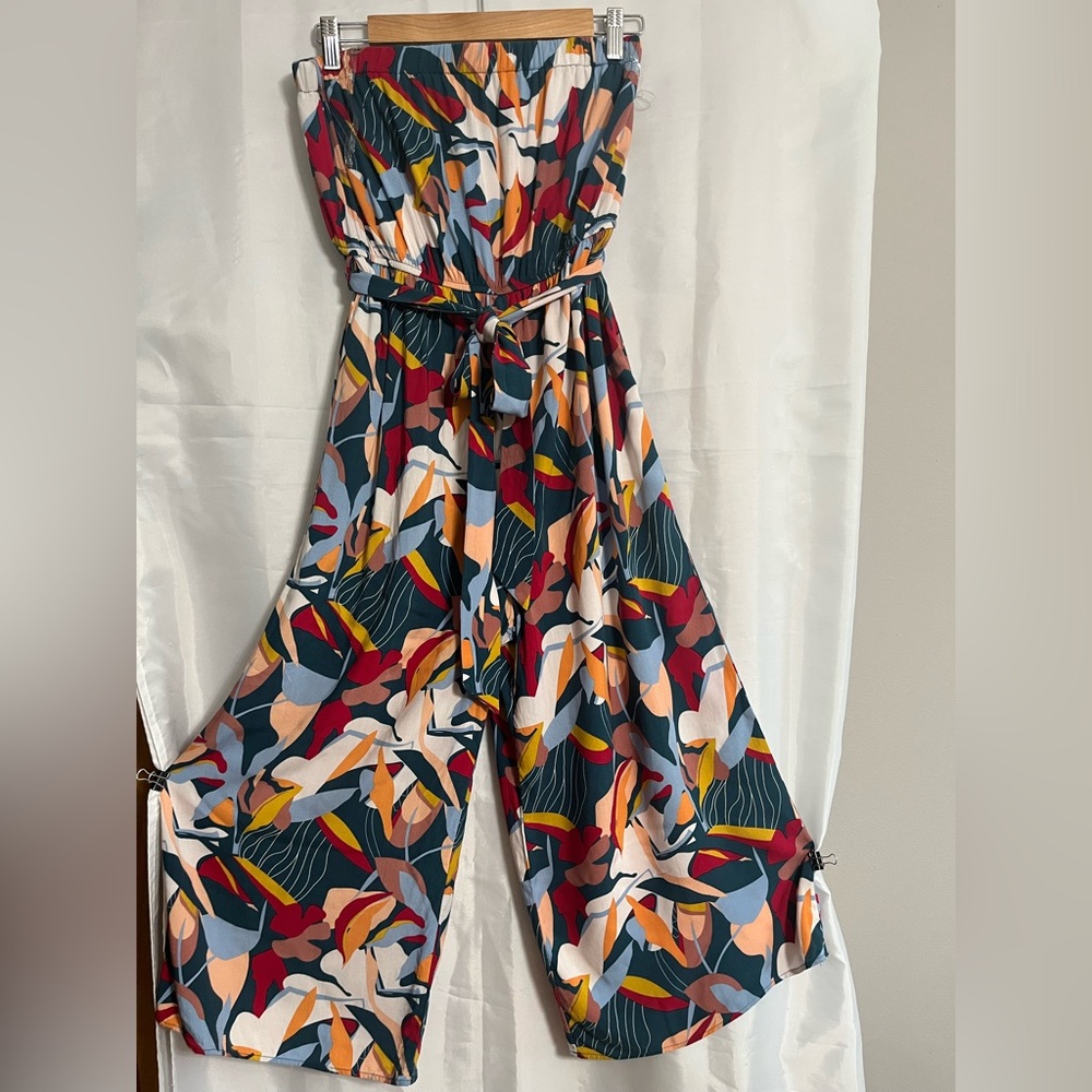 ANDREE BY UNIT Multicolor Floral Strapless Wide Leg Jumpsuit Sz Lg Pre Owned